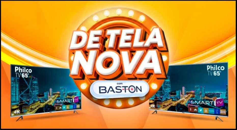 Promoção De Tela Nova Baston 2026 com sorteio de 7 Smart TVs Philco 65 polegadas 4K, válida nos Supermercados Planalto e Multi Atacado.