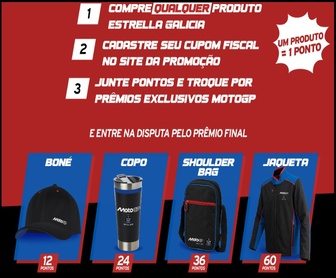 Imagem da Promoção Estrella Galicia Estrellas do MotoGP 2026 mostrando brindes exclusivos, pontos acumuláveis e a chance de ganhar viagens VIP para o MotoGP até 31/03/26.