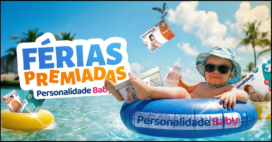 Promoção Férias Premiadas Personalidade Baby Eurofral 2026 com sorteio de viagem, celular, TV, vale-compras e prêmios exclusivos para quem compra fraldas Personalidade Baby.