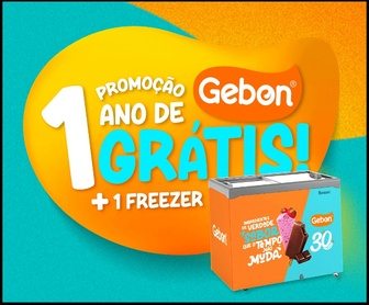 Imagem da Promoção Gebon 30 Anos 2026 mostrando freezer exclusivo da Gebon repleto de sorvetes, destacando a chance de ganhar 1 ano de sorvete grátis para consumidores do Paraná e Santa Catarina.