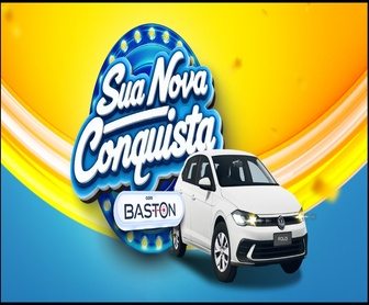 Promoção Sua Nova Conquista Baston 2026 anunciando sorteio de um Volkswagen Polo zero quilômetro para clientes do Dom Atacadista que comprarem produtos Baston e cadastrarem o cupom fiscal até abril de 2026.