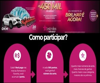 Promoção Estrelas Romance 2026 para empreendedores individuais com carro 0km, motos, cartões pré-pagos e mais de R$450 mil em prêmios acumulando pontos no aplicativo Romance