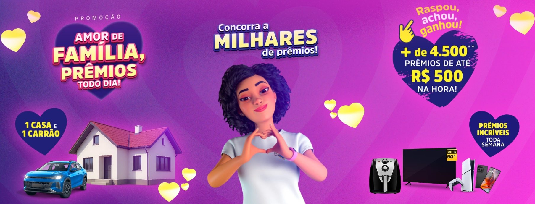 Banner da Promoção Marcas Campeãs 2026 mostrando prêmios como R$ 250 mil para compra de uma casa, R$ 105 mil para um carro novo e cartões virtuais instantâneos para quem participar da promoção