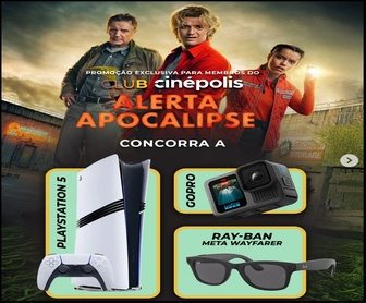 Imagem oficial do Concurso Cultural Cinépolis Alerta Apocalipse 2026 anunciando participação gratuita e prêmios como PlayStation 5, óculos Ray-Ban Meta e câmera GoPro para quem comentar com criatividade no Instagram.