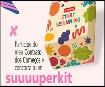 Imagem da Promoção STABILO Start Beginning 2026 com kits de papelaria coloridos, canetas STABILO, marcadores BOSS, estojo, sketchbook e chamada para participar gratuitamente pelo Instagram e TikTok.
