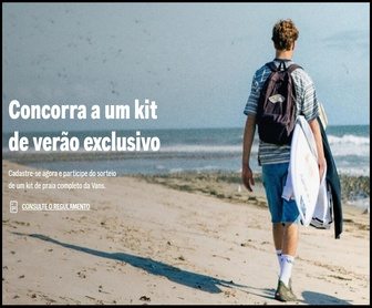 Imagem oficial da nova promoção Vans 2026, anunciando sorteio gratuito de kits de verão exclusivos com guarda-sol, cadeira de praia, ecobag, garrafa de água e porta-copos, válida em todo o Brasil até 15 de fevereiro de 2026.