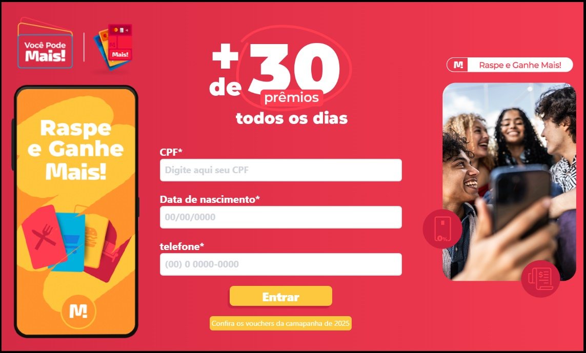 Imagem da Promoção Cartão Mais! 2026 com raspadinha digital, destacando prêmios instantâneos como vale-presentes, créditos na fatura e benefícios exclusivos para quem usa o Cartão Mais! Mastercard.
