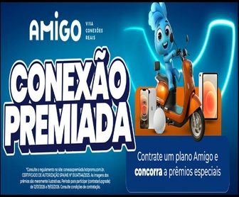 Banner da Promoção Amigo Conexão Premiada 2026 mostrando Scooter Elétrica, iPhone 16E, iPad 10ª geração e Alexa Echo Dot, destacando participação até 19/03/2026 nos estados MS, MT, RJ, RS e SP.