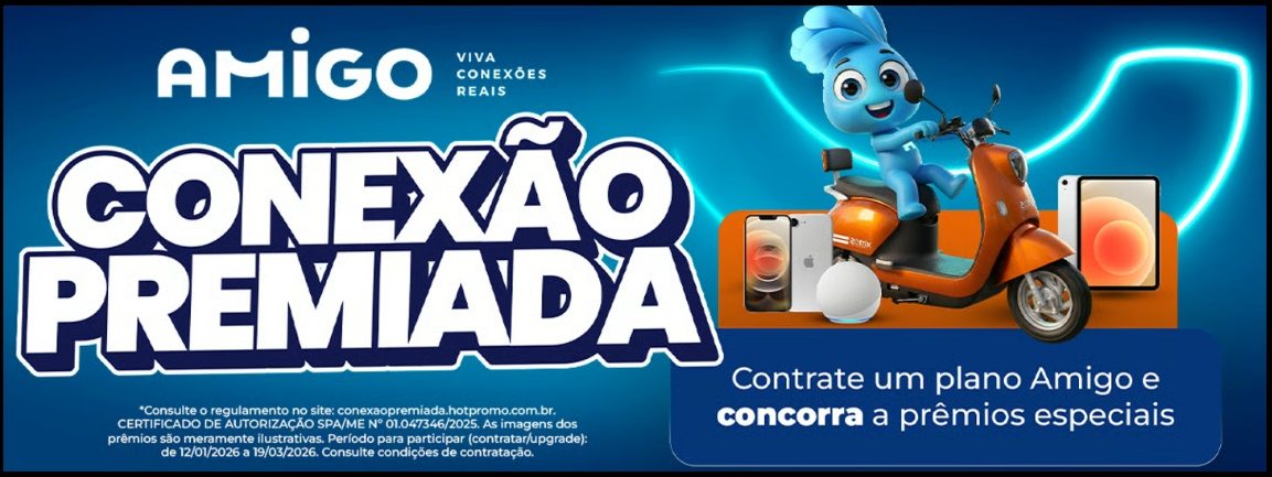 Banner da Promoção Amigo Conexão Premiada 2026 mostrando Scooter Elétrica, iPhone 16E, iPad 10ª geração e Alexa Echo Dot, destacando participação até 19/03/2026 nos estados MS, MT, RJ, RS e SP.