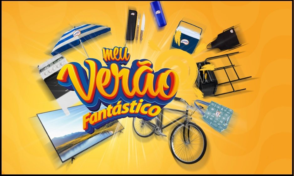 Imagem da Promoção Fantástico Alimentos Meu Verão 2026 destacando prêmios instantâneos, como smart TV, bicicletas, churrasqueira e produtos Fantástico participantes da campanha de verão.