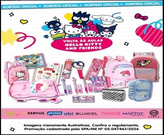 Imagem oficial da promoção Hello Kitty Brasil Volta às Aulas 2026, exibindo kits escolares licenciados da Sanrio com mochila, estojo, cadernos e acessórios temáticos da Hello Kitty and Friends em destaque.