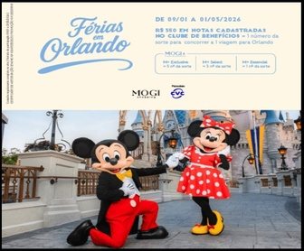 Família feliz em Orlando com parque da Disney ao fundo, representando a promoção do Mogi Shopping 2026.