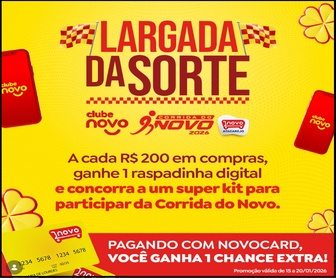 Imagem da promoção Largada da Sorte Novo Atacarejo 2026 destacando kits exclusivos da Corrida do Novo com camiseta oficial, sacochila personalizada e chamada para participar pelo aplicativo Clube Novo em Pernambuco e Paraíba.