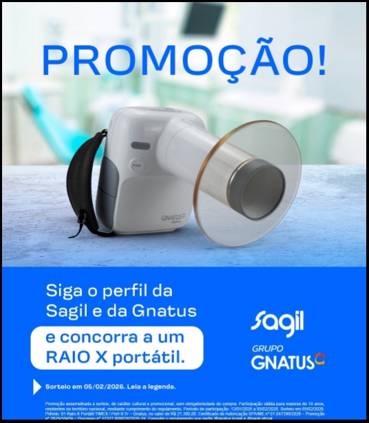 Banner promocional da Promoção Conheça a Sagil 2026 mostrando Raio-X Portátil TIMEX / Port-X IV da Gnatus com destaque para participação gratuita.