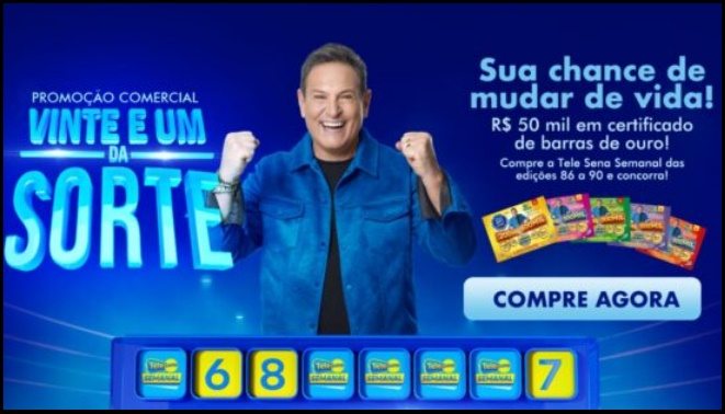 Imagem da Promoção Tele Sena Vinte e Um da Sorte 2026, destacando R$325 mil em prêmios convertidos em barras de ouro, com menção aos sorteios regionais, à Tele Sena Semanal e à chance de participar do programa no SBT, válida até 08/02/2026.