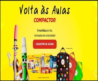 Imagem da Promoção Compactor Volta às Aulas 2026, destacando a chance de ganhar kit escolar completo, com mochila, canetas, lápis de cor e materiais escolares, válida em todo o Brasil entre janeiro e março de 2026.