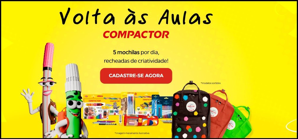 Imagem da Promoção Compactor Volta às Aulas 2026, destacando a chance de ganhar kit escolar completo, com mochila, canetas, lápis de cor e materiais escolares, válida em todo o Brasil entre janeiro e março de 2026.