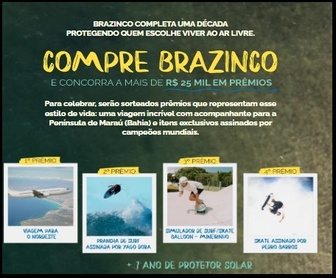 Imagem oficial da Promoção Brazinco 10 Anos destacando viagem para a Bahia, prancha de surf e skate personalizado como prêmios principais.