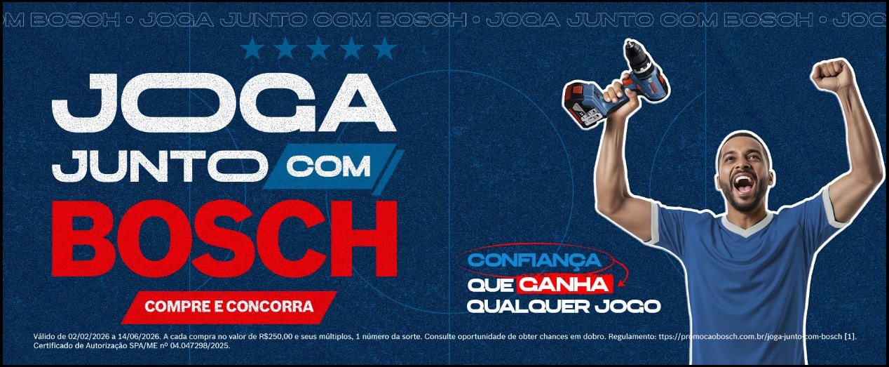 Fotografia publicitária da Promoção Joga Junto com Bosch 2026 mostrando uma seleção de ferramentas profissionais Bosch, uma Smart TV de 55 polegadas e uma cervejeira Consul. O texto em destaque diz "Joga Junto com Bosch" sobre um fundo dinâmico nas cores azul e amarelo.
