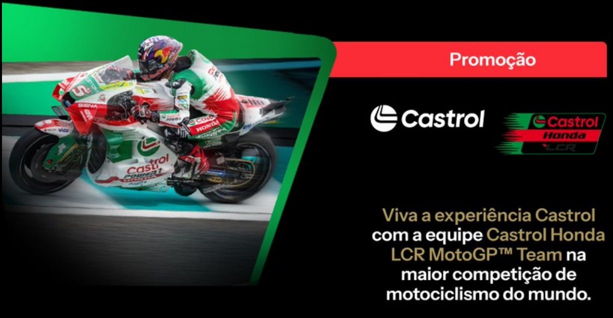 Imagem ilustrativa da Promoção Castrol 2026 com destaque para viagem à MotoGP em Goiânia e sorteio de capacetes personalizados para participantes cadastrados.