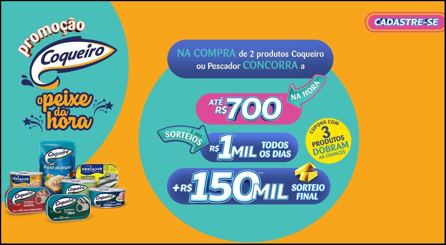 Imagem da Promoção Coqueiro 2026 – O Peixe da Hora Premiada, com destaque para prêmios instantâneos de até R$700, sorteios diários de R$1.000 e o grande prêmio final de R$150 mil.