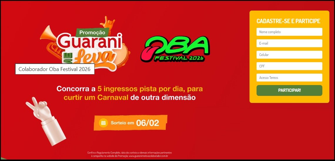 Imagem de divulgação da Promoção Guarani Me Leva Oba Festival 2026 com destaque para prêmios de ingressos instantâneos para pista e camarote, roleta premiada e produtos Açúcar Guarani participantes.