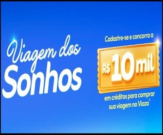 Imagem promocional da Viaza Viagem dos Sonhos 2026 mostrando um voucher de R$10.000,00 em créditos para viagens, com paisagens paradisíacas ao fundo e destaque para a inscrição gratuita.