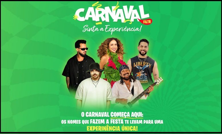 Imagem promocional do concurso cultural Carnaval Filtr 2026 da Sony Music com destaque para os artistas DJ Topo, Dennis e Henry Freitas e chamada para participação com prêmios de ingressos para shows e camarotes.
