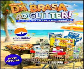 Arte promocional do concurso Da Brasa ao Glitter da Rede Litoral SP destacando sorteio de kit churrasco completo e instruções para participar da promoção pelo Instagram.