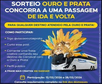 Imagem promocional do Concurso Cultural Viação Ouro e Prata 2026 destacando prêmio de passagem ida e volta para o Carnaval e instruções para participar pelo Instagram.