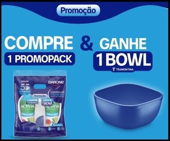 Imagem da promoção Danone 55 Anos mostrando o Bowl Tramontina azul de 300ml junto com produtos Activia, Danone Zero e YoPRO, destacando prêmios em cartões virtuais de até R$750,00 para os participantes.