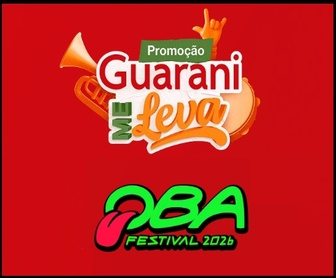 Imagem de divulgação da Promoção Guarani Me Leva Oba Festival 2026 com destaque para prêmios de ingressos instantâneos para pista e camarote, roleta premiada e produtos Açúcar Guarani participantes.