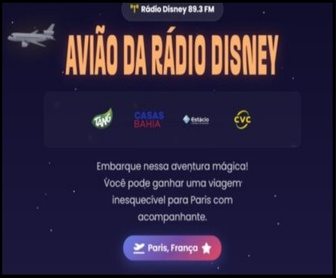Banner oficial da promoção Avião Rádio Disney 2026 destacando viagem para Paris com acompanhante e prazo final em 30/03/2026.