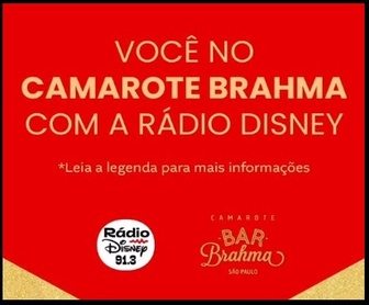 Arte digital da promoção Rádio Disney 2026 divulgando sorteio de pares de ingressos VIP para o Camarote Bar Brahma no Carnaval de São Paulo, com informações de participação pelo WhatsApp e Instagram.