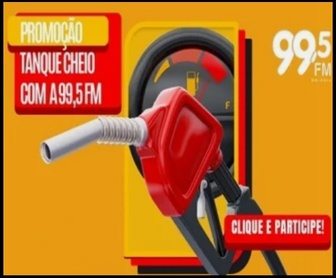 Imagem de divulgação da Promoção 99,5 FM Tanque Cheio 2026 em Goiânia com destaque para prêmio em vale-combustível e chamada para cadastro na promoção.