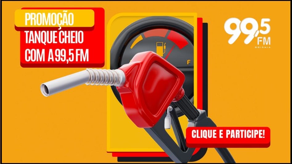 Imagem de divulgação da Promoção 99,5 FM Tanque Cheio 2026 em Goiânia com destaque para prêmio em vale-combustível e chamada para cadastro na promoção.