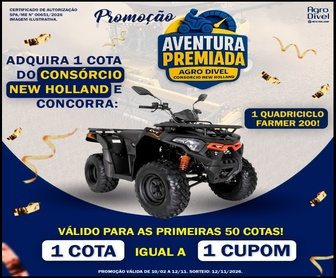 Banner oficial da Promoção Consórcio Aventura Premiada Agro Divel 2026 exibindo um quadriciclo Farmer 200 e uma motocicleta Honda CG 160 zero quilômetro como prêmios principais, com destaque para o período de participação e sorteio nacional.
