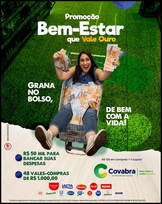 Banner publicitário da Promoção Covabra 2026 com o tema "Bem Estar Que Vale Ouro", exibindo uma barra de ouro reluzente, o logotipo do supermercado e informações sobre o prêmio de 50 mil reais e vales-compras.