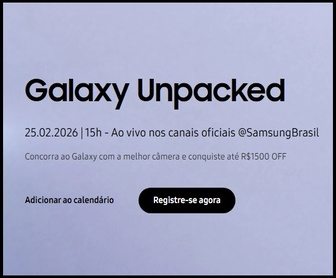 Arte promocional do Samsung Galaxy Unpacked 2026 informando sobre sorteio de três smartphones Galaxy e destacando período para cadastro gratuito na promoção até 25 de fevereiro de 2026.