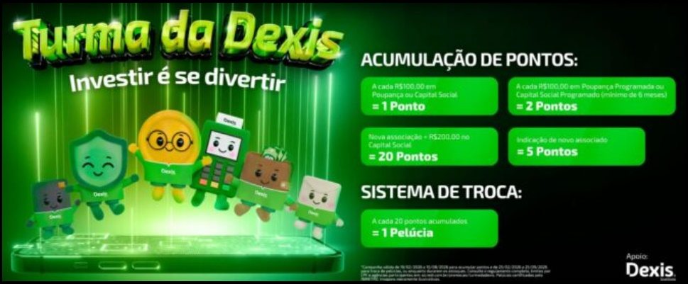 Pelúcias dos mascotes da Turma da Dexis 2026 da Sicredi, incluindo Tinha, Card, Aplicadinho, Maq, Escudinho e DinDin, representando diversão e educação financeira para associados.