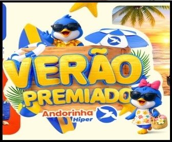 Foto promocional do Verão Premiado Andorinha 2026 mostrando uma Geladeira Side by Side, um PlayStation 5 e uma Smart TV de 50 polegadas sobre um fundo vibrante de verão com o logotipo do Andorinha Supermercado.
