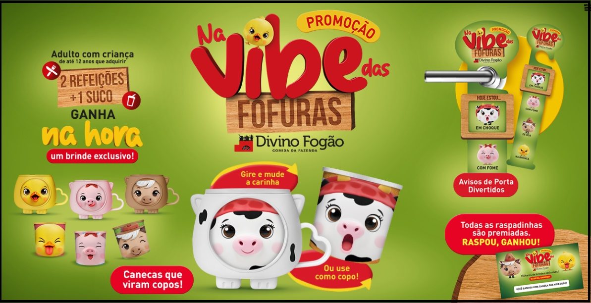 Promoção Na Vibe das Fofuras Divino Fogão 2026 com canecas colecionáveis que viram copos e avisos de porta divertidos para crianças e famílias.