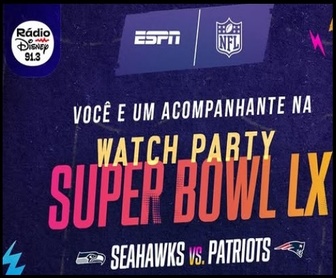 Imagem promocional da Rádio Disney divulgando sorteio de ingressos para a Watch Party do Super Bowl 2026 no estádio do Pacaembu.
