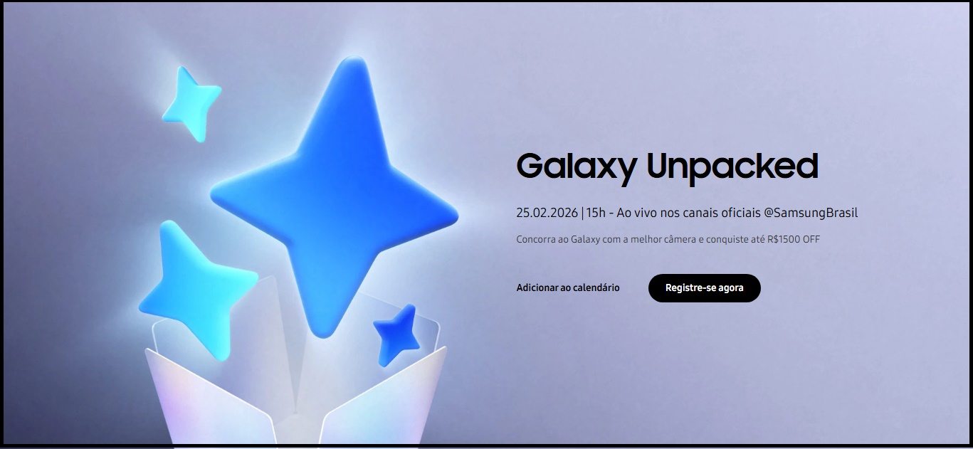 Arte promocional do Samsung Galaxy Unpacked 2026 informando sobre sorteio de três smartphones Galaxy e destacando período para cadastro gratuito na promoção até 25 de fevereiro de 2026.