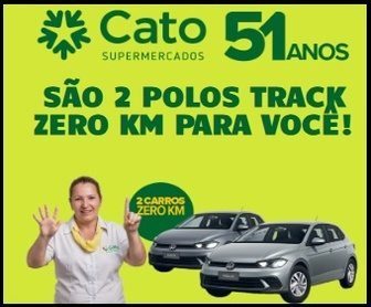 Banner promocional do 51º aniversário do Cato Supermercados destacando a chance de concorrer a dois carros Volkswagen Polo zero km, com informações sobre a mecânica da promoção, prazos e locais de participação.
