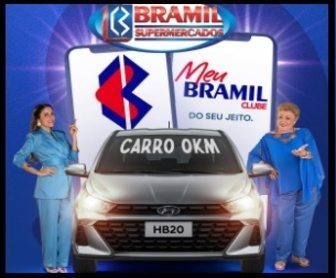 Banner colorido da promoção de 56 anos do Bramil Supermercados destacando a chance de ganhar um carro HB20 0km e milhares de vales-compras por meio da Raspinha Premiada Meu Bramil, com datas e instruções para participar.