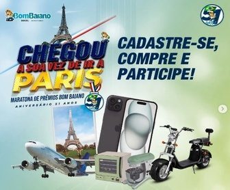 Imagem da promoção de aniversário de 51 anos da Bom Baiano Doces, destacando os prêmios principais, como uma viagem para Paris, uma moto elétrica e um iPhone 15. A arte também menciona as regras para participar, como compras a partir de R$ 200 nas lojas físicas da rede.