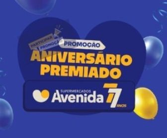 Banner da promoção Aniversário Premiado Avenida 77 anos, destacando prêmios em dinheiro, vale-compras e barras de ouro, com instruções para participação e cadastro.