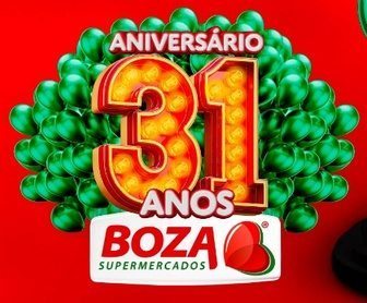 Imagem promocional do Aniversário de 31 Anos dos Supermercados Boza, destacando prêmios como um Fiat Fastback Turbo 0km e mais de mil vales-compras. A imagem também contém informações sobre como participar da promoção, que é válida em Fazenda Rio Grande – PR.