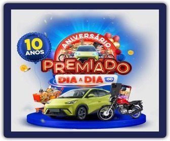 Imagem promocional do Atacadão Dia a Dia, destacando a celebração do 10º aniversário com prêmios que totalizam mais de R$ 1,5 milhão, incluindo carros, motos e vale-compras.